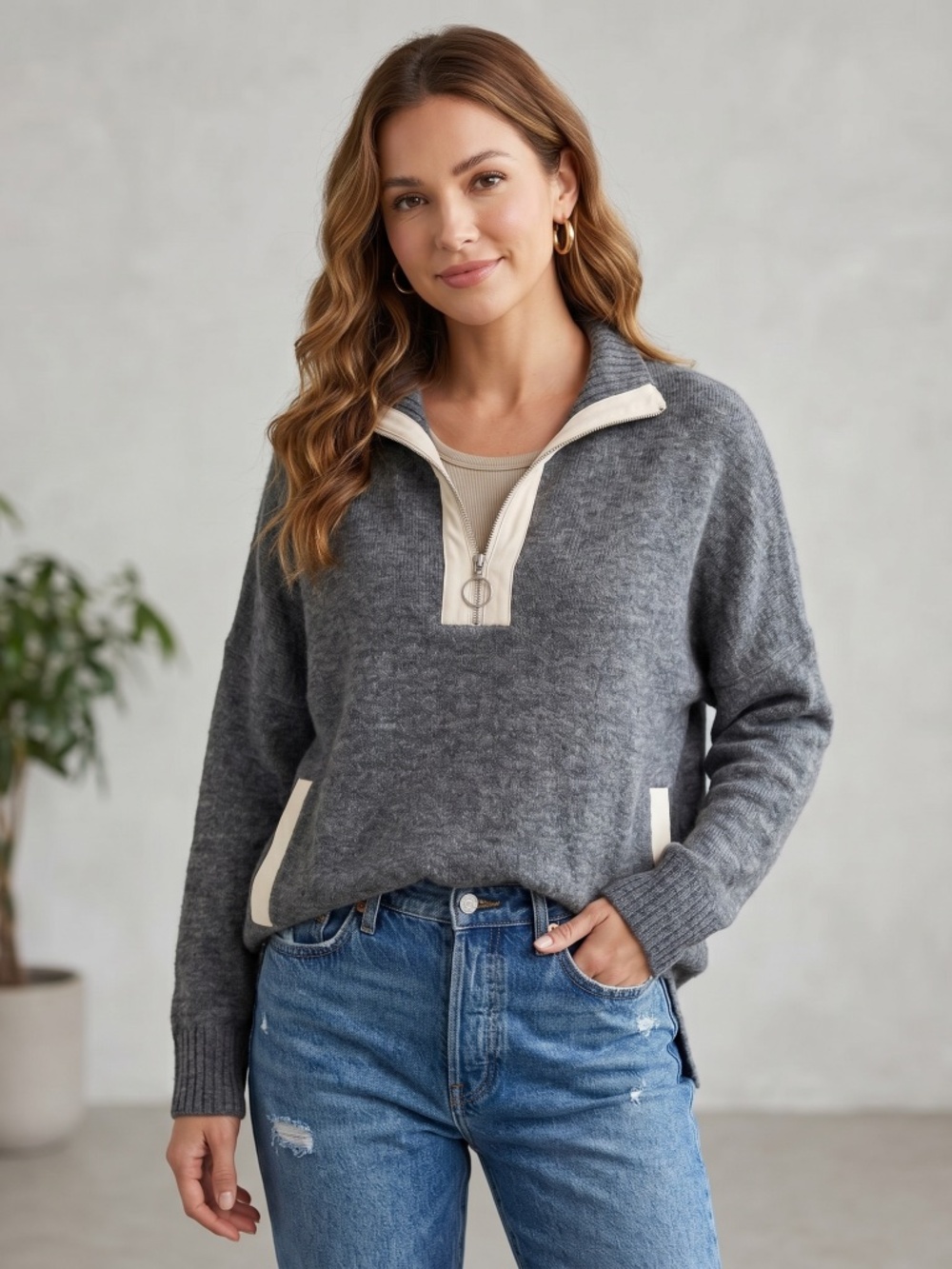 THML gray and beige half zip sweater